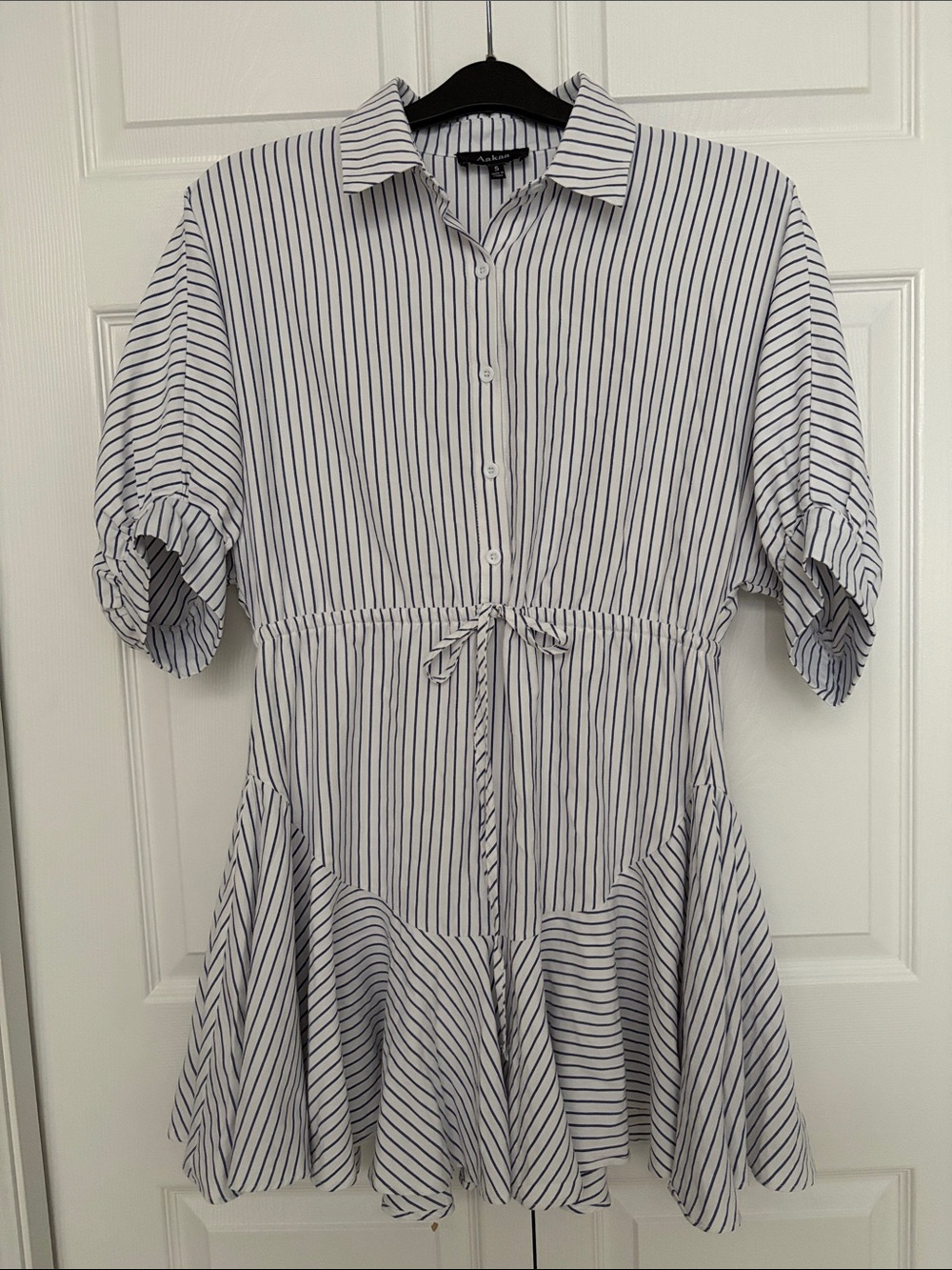 Aakaa White Dress with Blue Pinstripes, Button-Front Tie-Waist Mini oversized